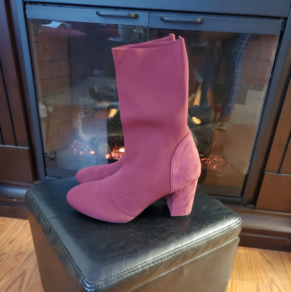 Wine colored booties with faux suede